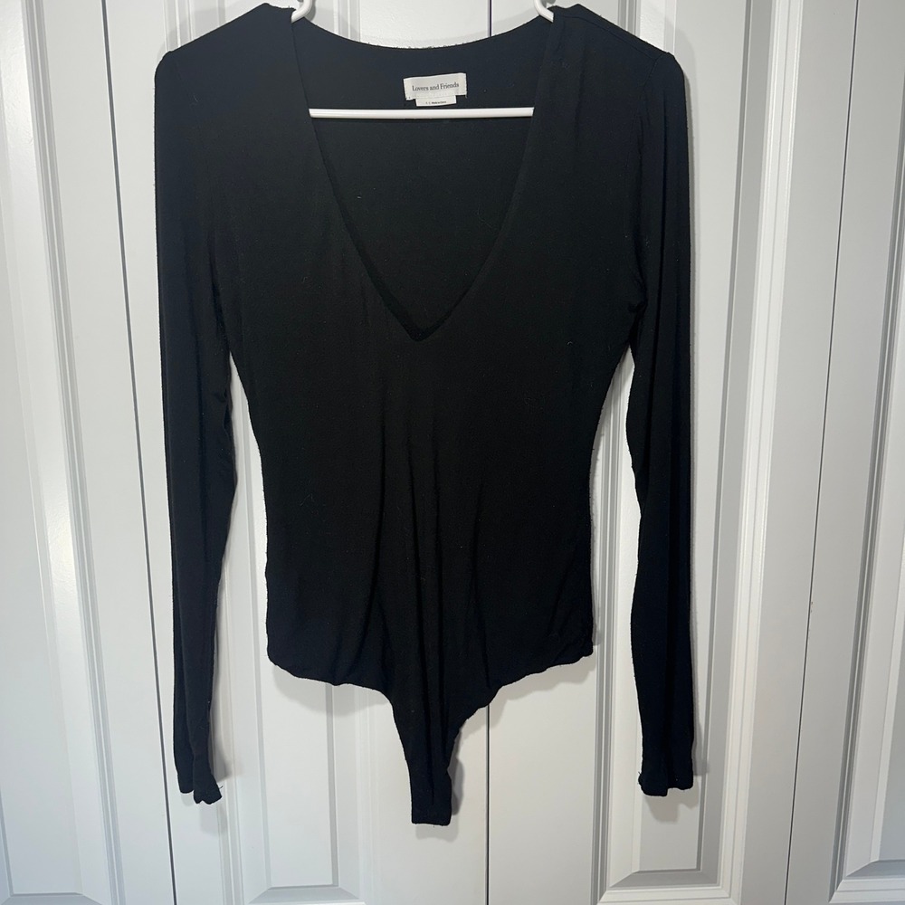 Lovers and Friends Bodysuit Womens S Black Deep V-Neck Long Sleeve Knit Capsule